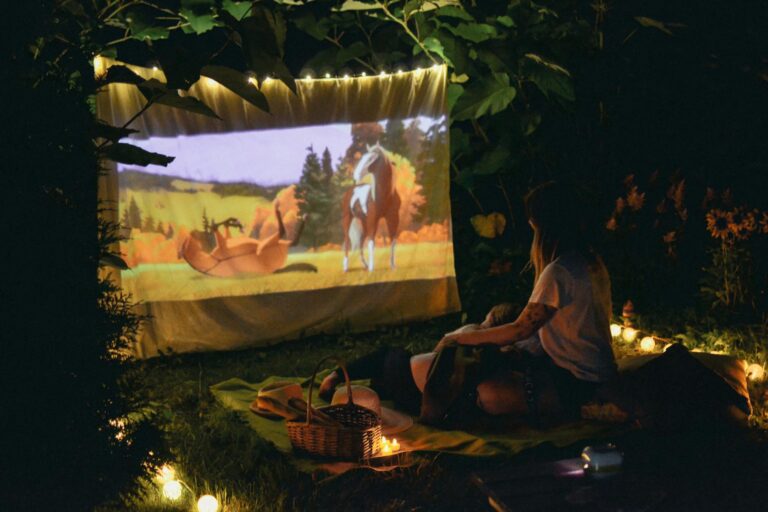 a couple watching a movie at a picnic date